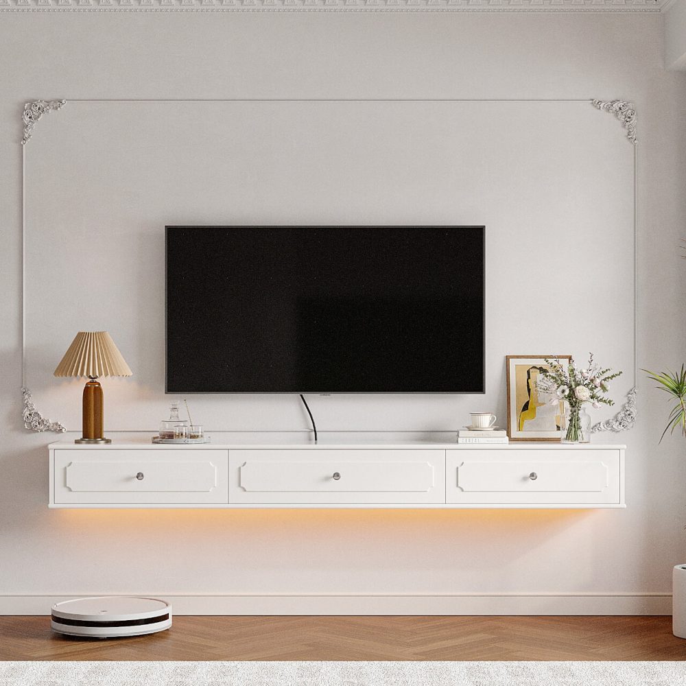 wall mounted white high gloss floating TV stand with drawers storage