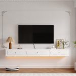 wall mounted white high gloss floating TV stand with drawers storage