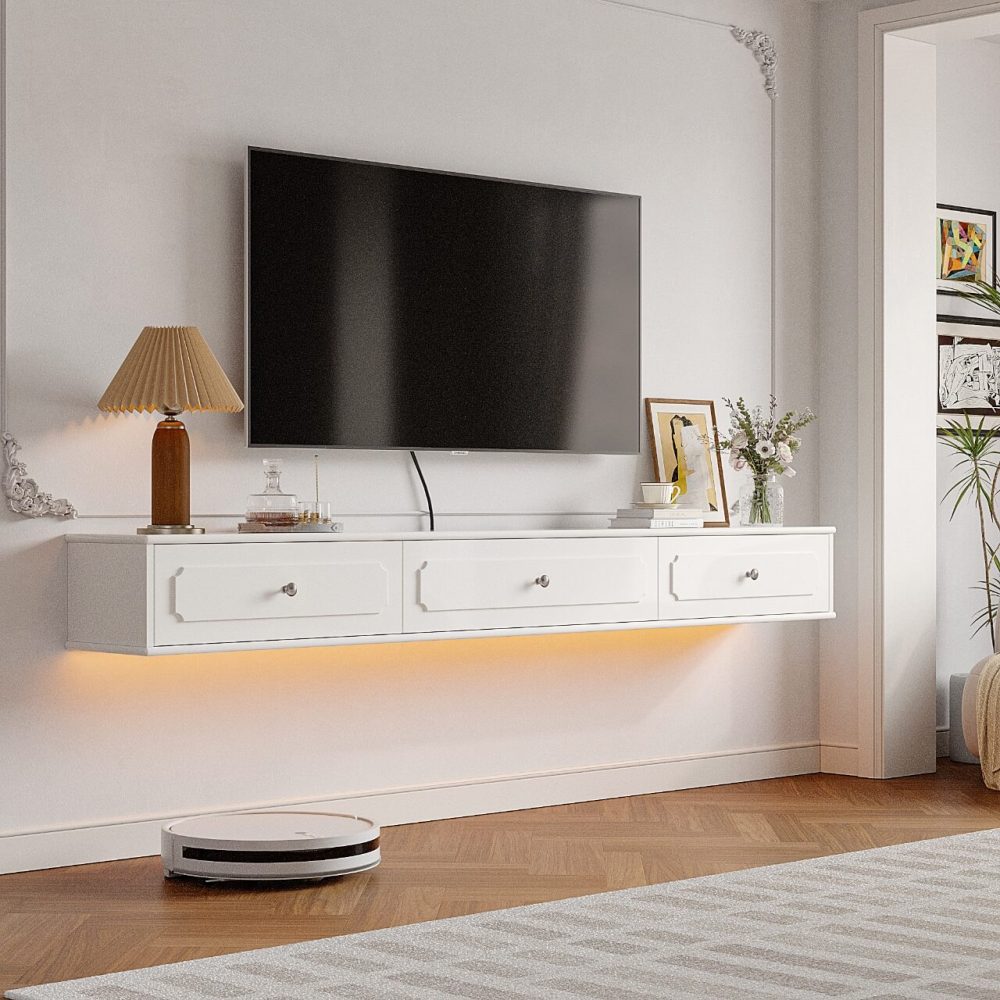 white floating shelves tv stand with storage