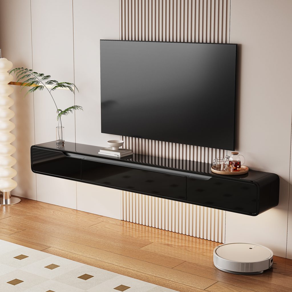 black suspended tv cabinet with rounded edges