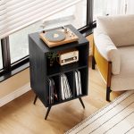 black solid wood record player stand with storage function.