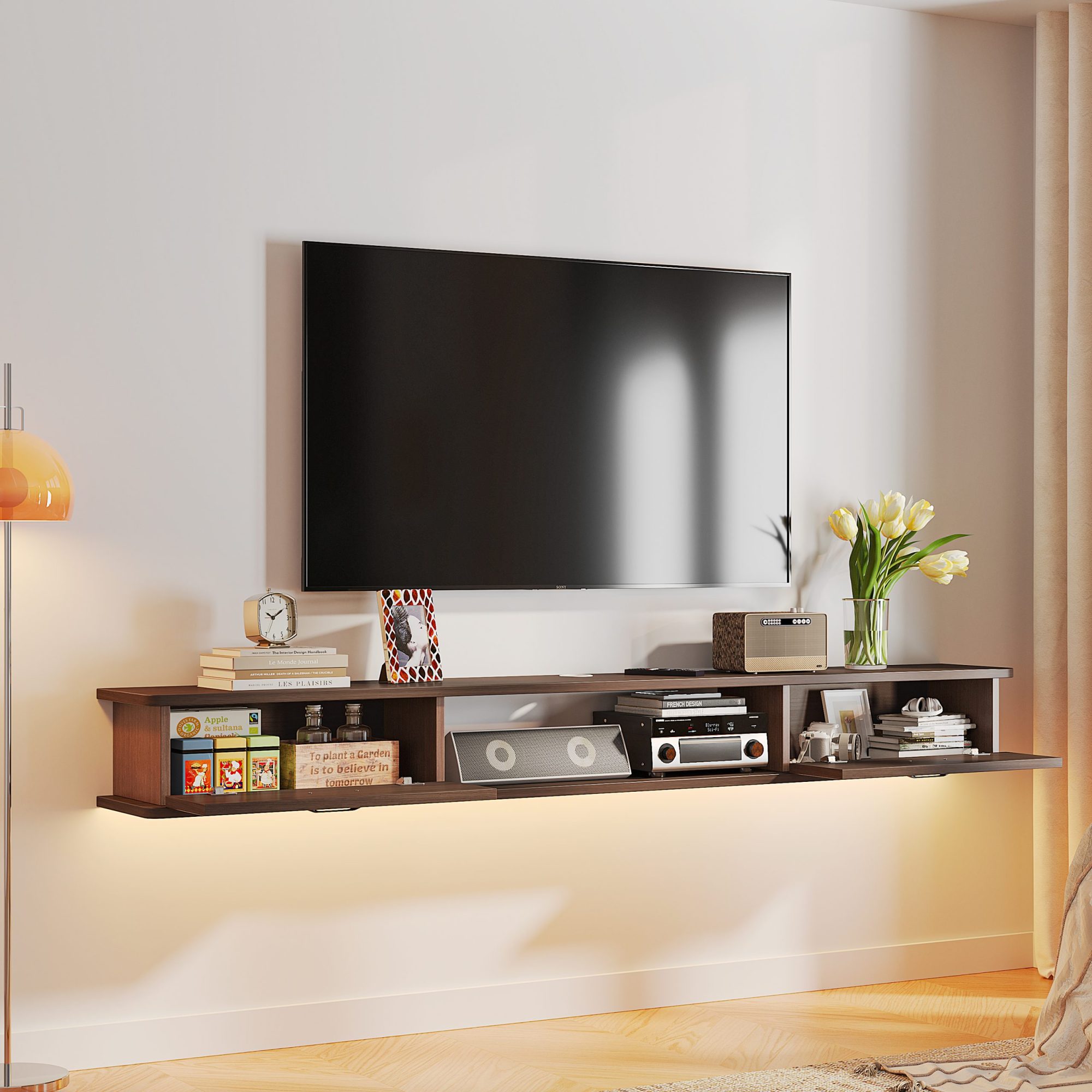 Compact modern TV cabinet with dual storage doors, combining function and style in a low profile design.