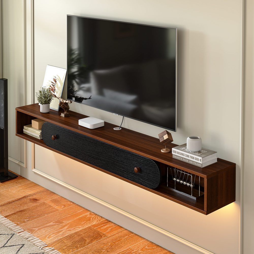 dark wood floating tv shelf with black cabinet panel