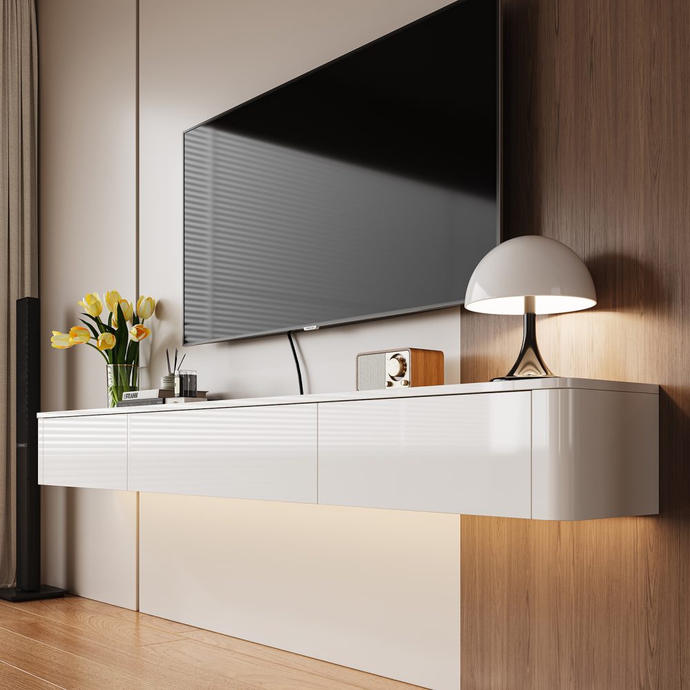 elegant lacquered tv stand with double drawer storage, round corner design for children's safe.