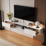 Floating wall mount tv stand with two drawers and interfaces hidden,minimalist style for living room.