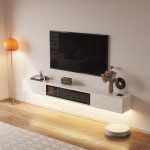 high gloss white modern wood floating tv stand with glass storage door