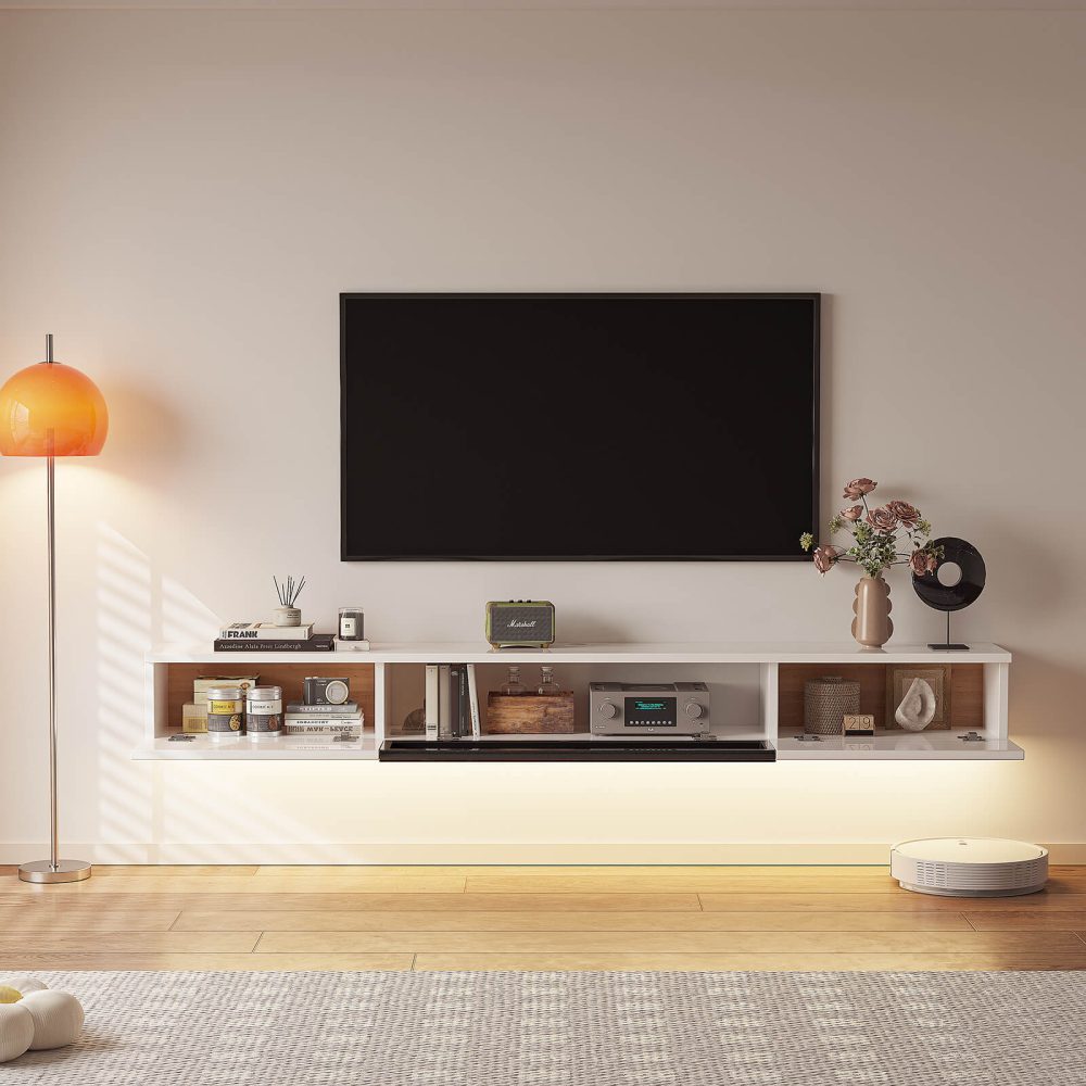 living room white floating cabinets tv with entertainment center