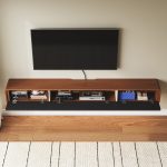 walnut and black long floating tv stand with storage 3 doors cabinets