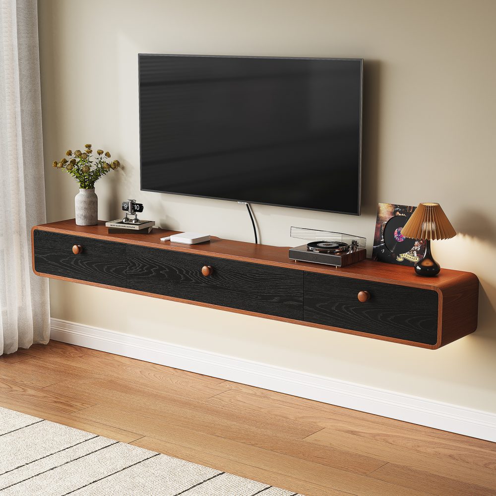 mid century floating tv stand real red oak wood veneer