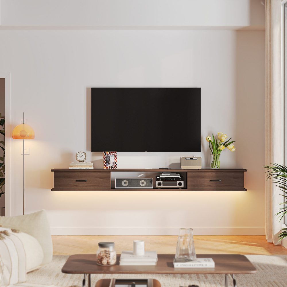 Modern two door floating entertainment tv stand with a simple, clean design, ideal for contemporary living room setups.
