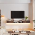 Modern two door floating entertainment tv stand with a simple, clean design, ideal for contemporary living room setups.