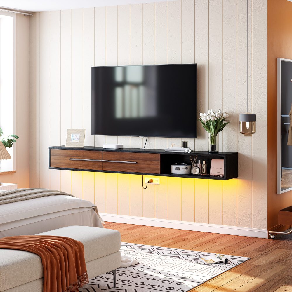 walnut and black tv floating stand with open cabinet, minimalist design suitable for various styles.