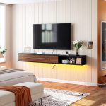 walnut and black tv floating stand with open cabinet, minimalist design suitable for various styles.