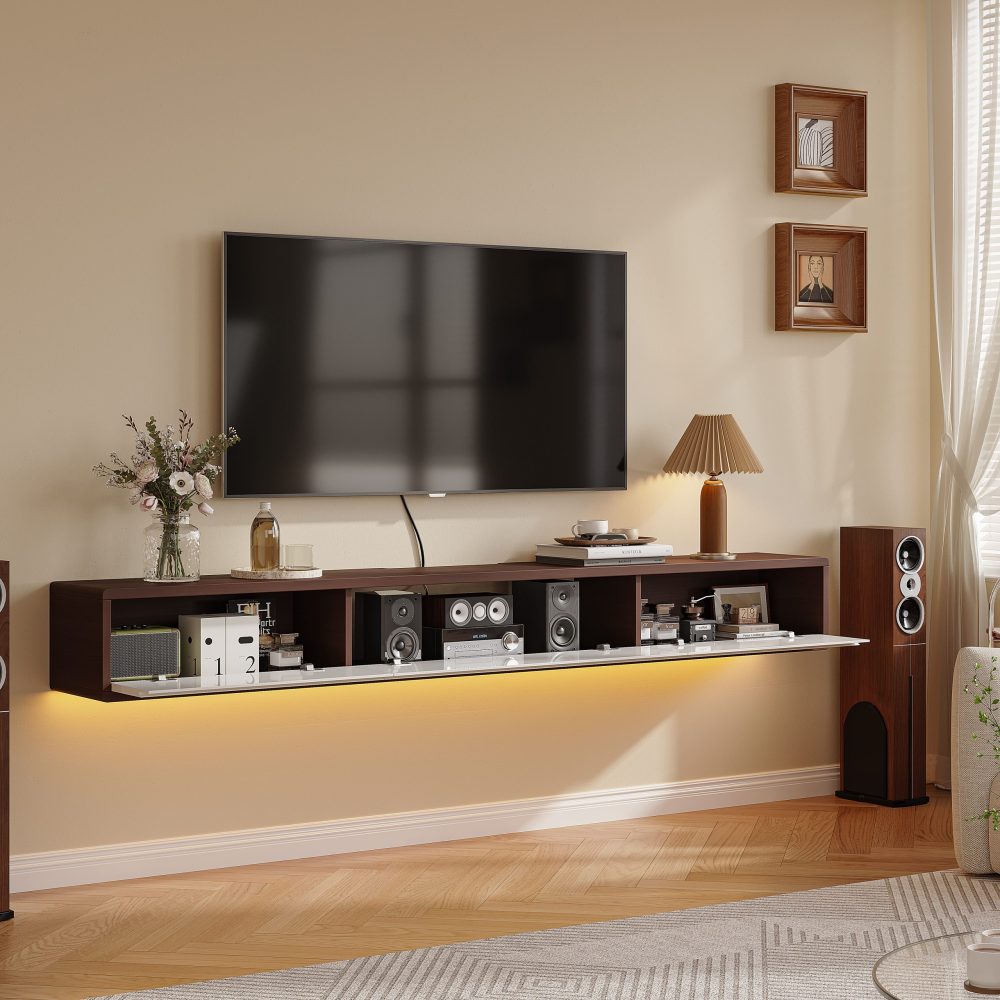 Solid wood floating tv stand, minimalist design suitable for various styles, adjustable for height.