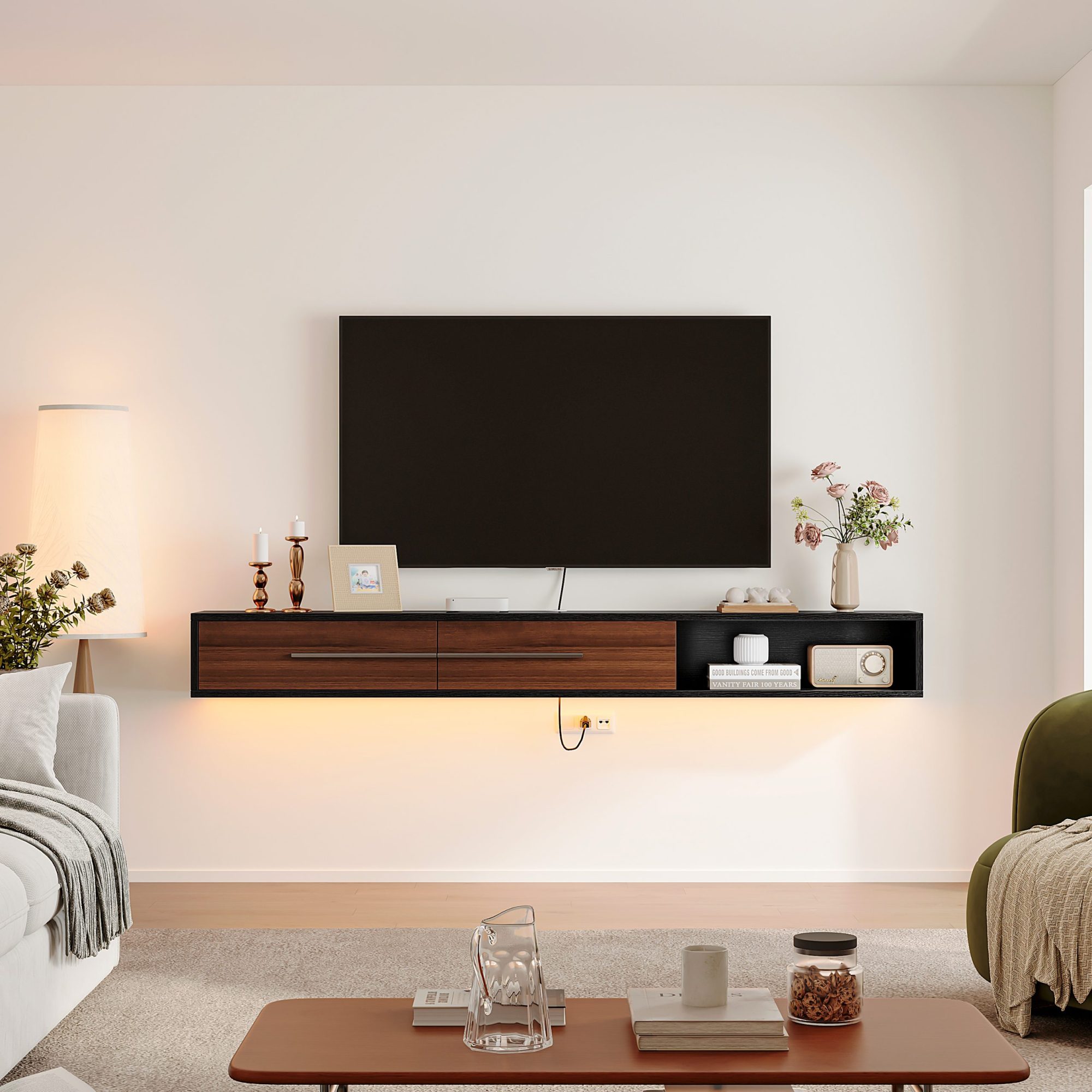 wall mounted tv stand decorates your living room more beautiful and simplify.