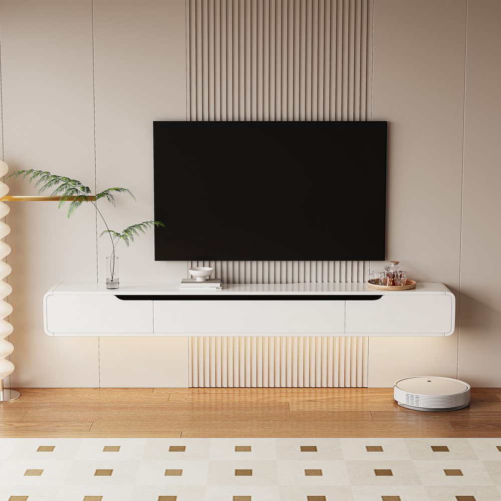 high gloss floating tv stand rounded edges
