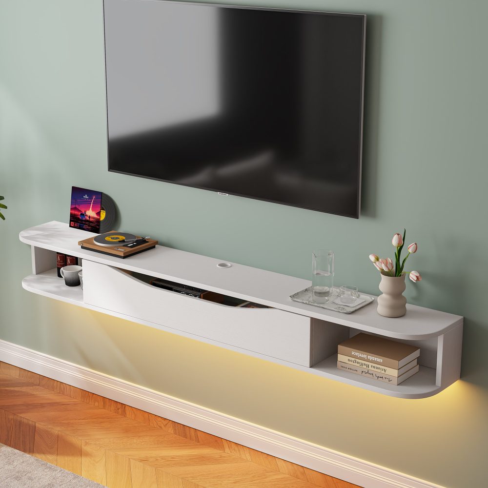under tv floating shelf unit in modern white style