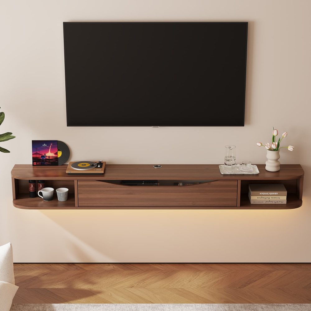 wall mounted under tv shelf in walnut wood finish
