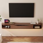 wall mounted under tv shelf in walnut wood finish