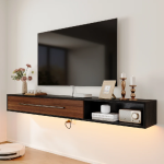 walnut and black floating tv stand with storage