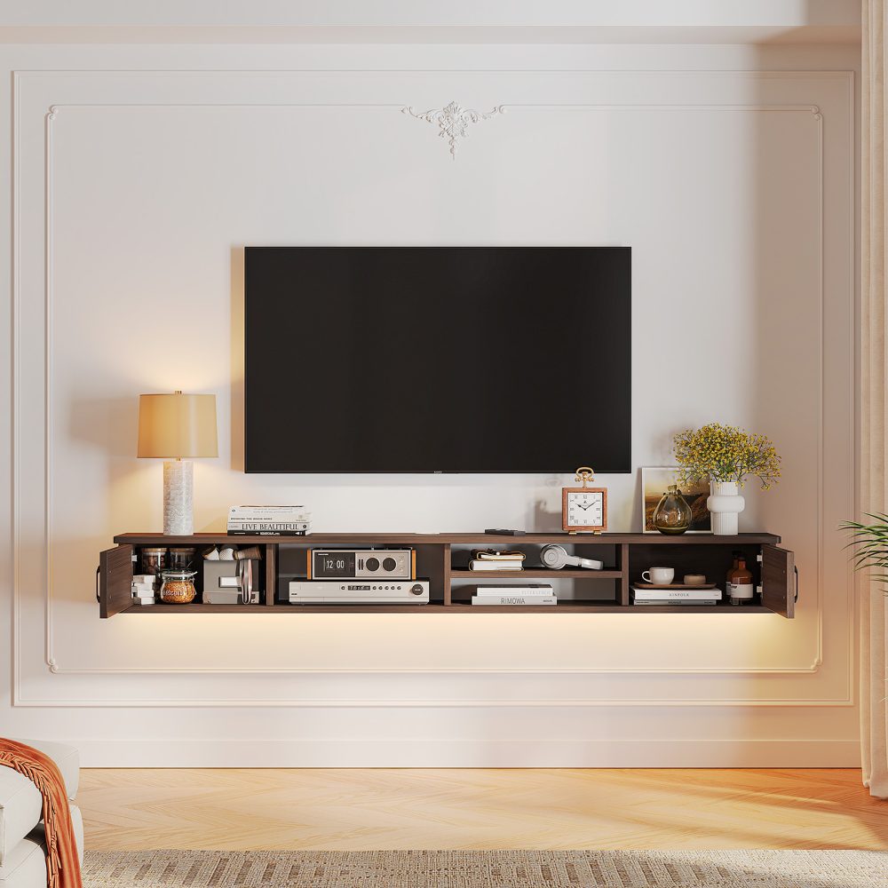 walnut floating tv cabinet with storage and entertainment center