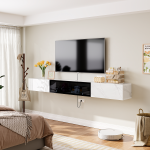 white floating TV stand dimensions diagram with open storage compartments