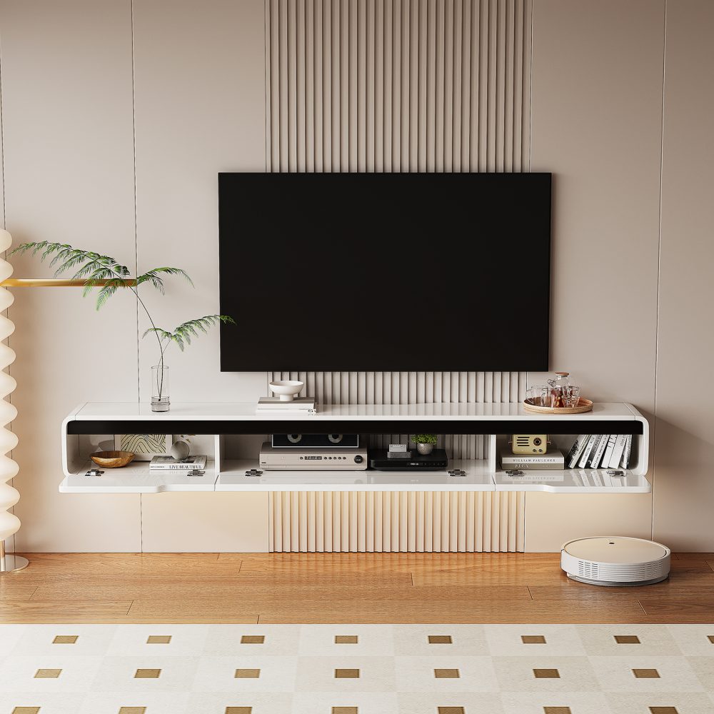 white floating tv cabinet with rounded corners
