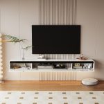 white floating tv cabinet with rounded corners
