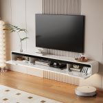 white wooden floating tv shelf soft corner design