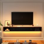 wooden under tv shelf with contrasting black front