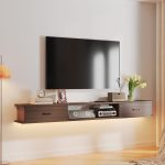 Wooden wall mounted TV console with two sleek doors, offering hidden storage and a modern aesthetic.