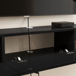 Contemporary floating wooden TV shelf in charcoal black, highlighting a sleek PET glossy texture.