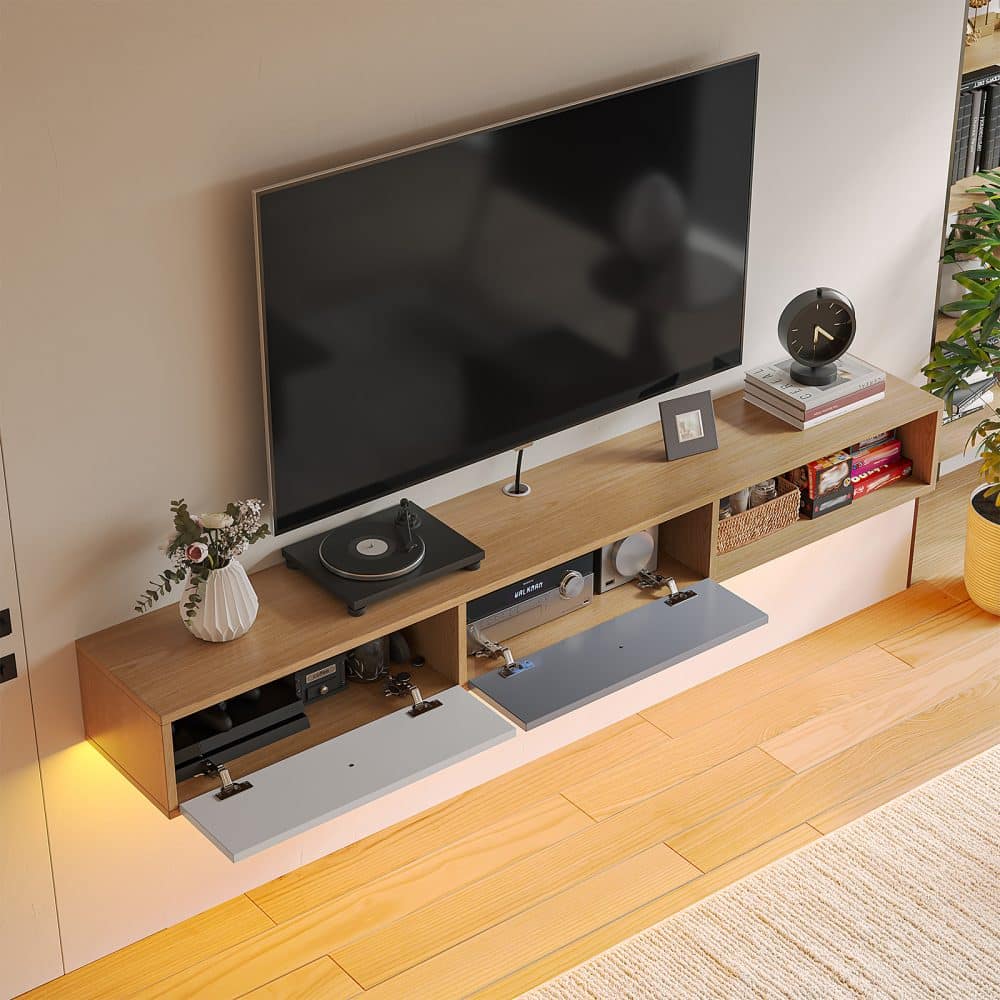 Eco-friendly-floating-TV-console-in-natural-wood-with-dual-flip-down-compartments-for-storage-scaled