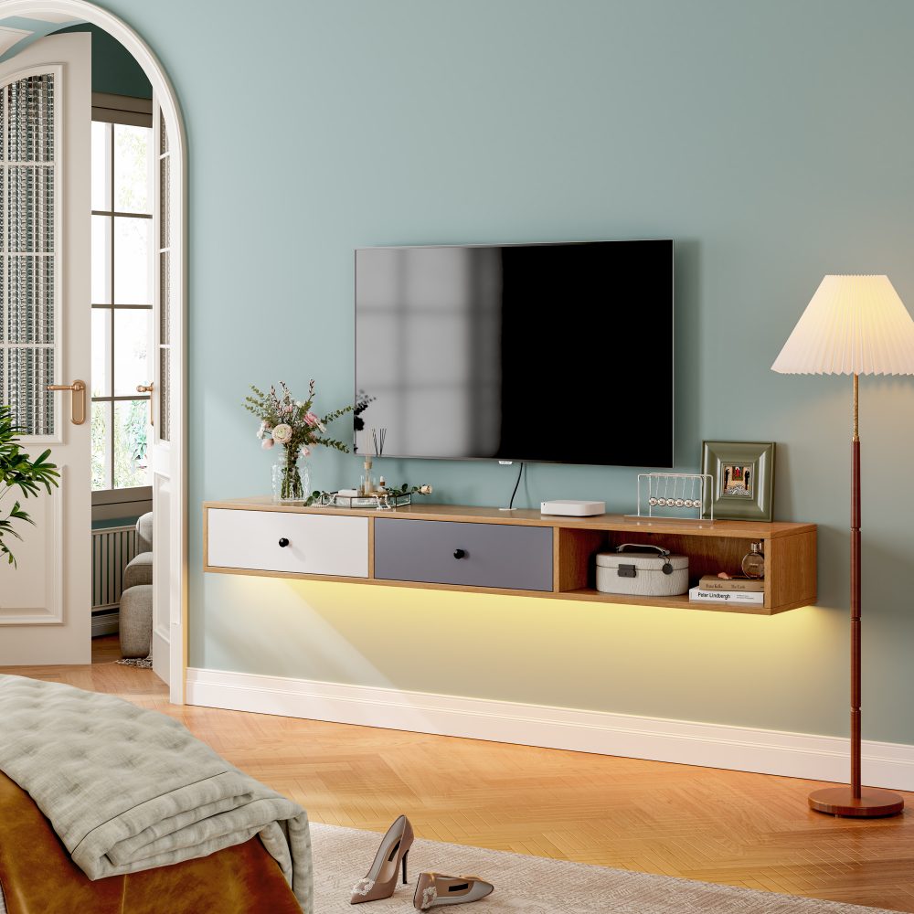 natural wood floating TV stand with original wood body and white-gray flip-down doors in minimalist style
