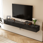 Floating entertainment center designed for easy floor cleaning and a clutter-free home environment.