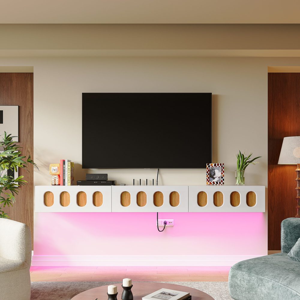 white Floating TV stand living room decoration with drawers and drop-down cabinet installed in a modern living room