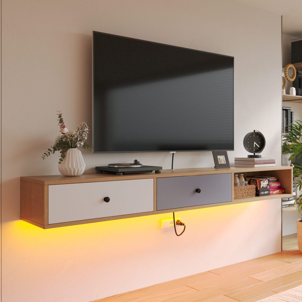Minimalist wood floating TV stand with matte painted cabinet doors and storage compartments
