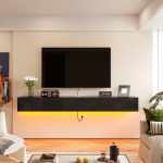 Modern floating TV stand made of solid wood multilayer board with high-gloss black PET finish.