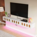 Modern white gloss TV console with adjustable height and built-in storage compartments