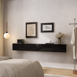 Sleek black floating vanity-style TV console with integrated cable management and open shelving.