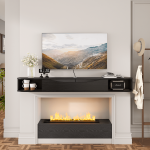 Stylish wall-mounted entertainment black mantel shelf with smart storage and a sleek, rounded aesthetic.