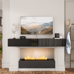 Wall-mounted TV unit with spacious compartments for record players, books, and home decor.