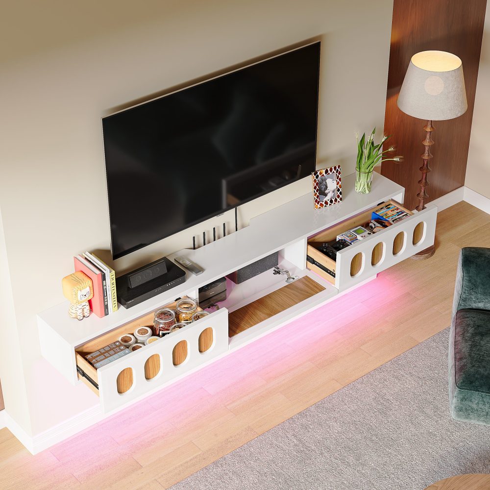 White floating TV stand with two side drawers and center flip-down door against neutral wall