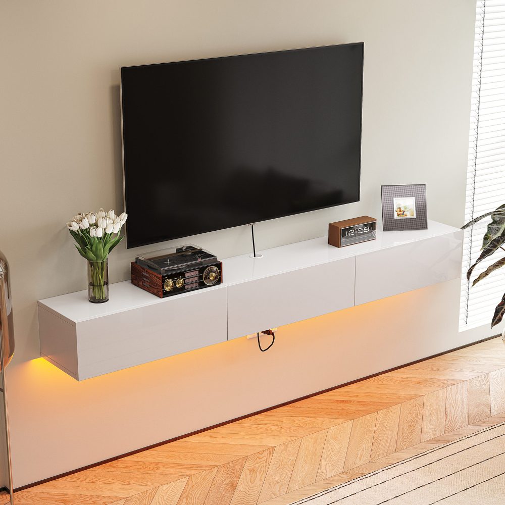 white floating wood tv stand with storage cabinets and home decor