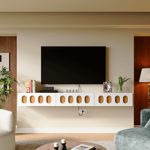 white modern floating TV stand living room