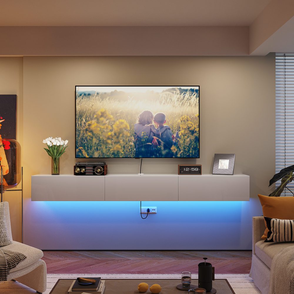 white gloss TV stand floating modern design