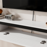 Adjustable height white floating TV stand with clutter-free cable design