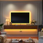Contemporary narrow floating entertainment unit with solid wood drawers