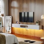 Contemporary white TV stand with soft rounded corners and cable management holes
