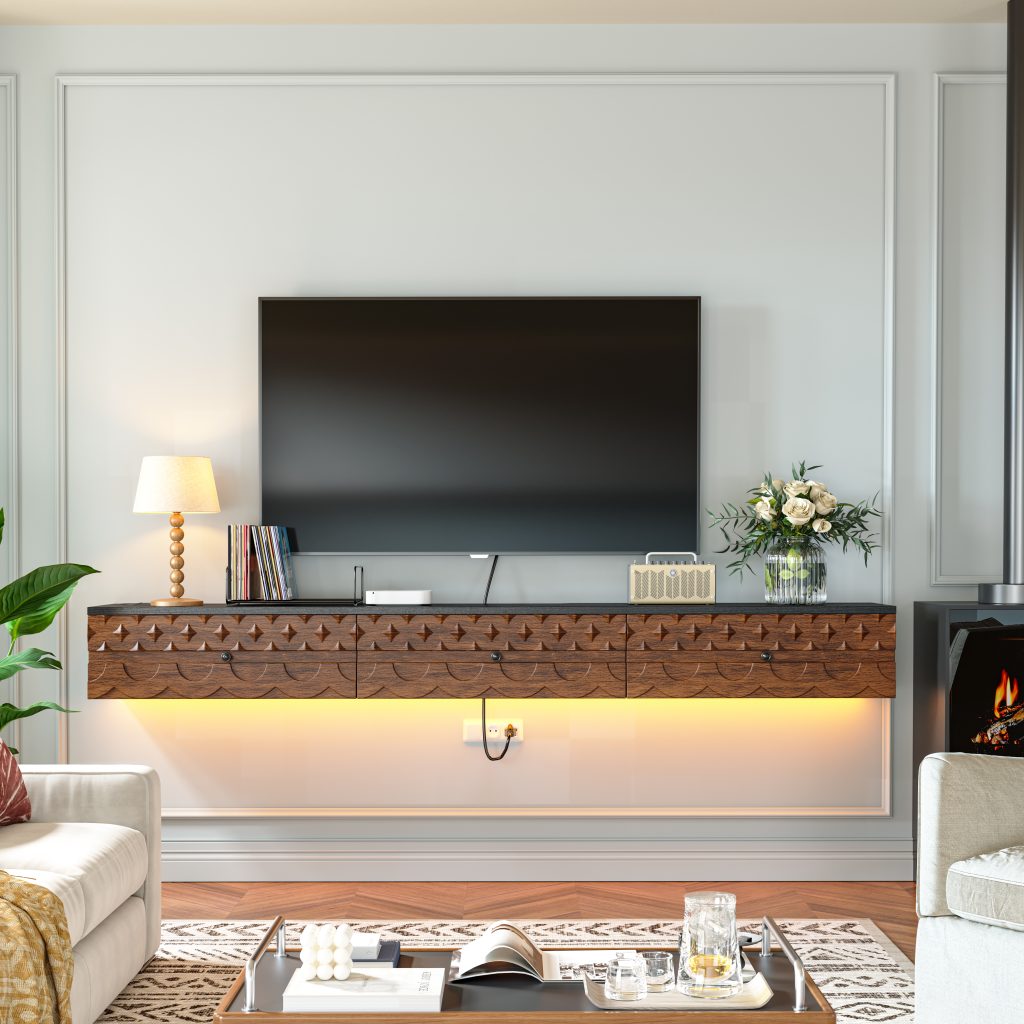 Elegant carved cabinet TV stand with vintage-inspired carved drawer fronts